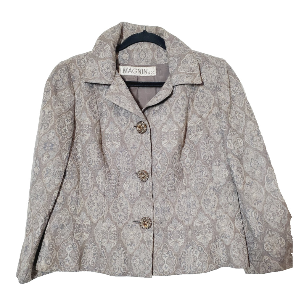 VTG I. MAGNIN Wool Blazer Womens Brown Jacket 1960s Rhinestone Buttons Swing
